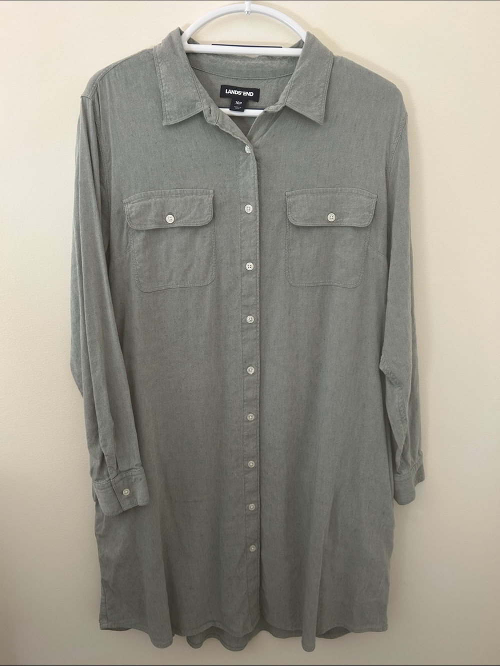Lands End Linen Blend Shirt Dress Sage Green Khaki Button Front Shift Tunic 18P